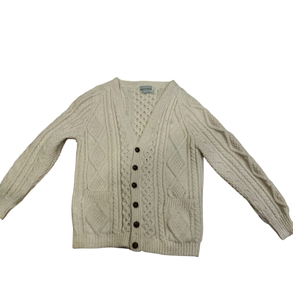 Vtg 70s wool hand knitted in Scotland ladies beige chunky knit fisherman cardiga